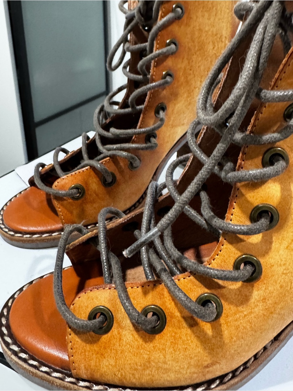 Jeffrey Campbell x Free People Lace-Up Open-Toe Leather Heels in Tan - Picture 5 of 16